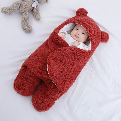 Baby quilted sleeping bag wrapper in cotton blend fabric showing colour options: white, red, grey, light blue, pink, khaki.