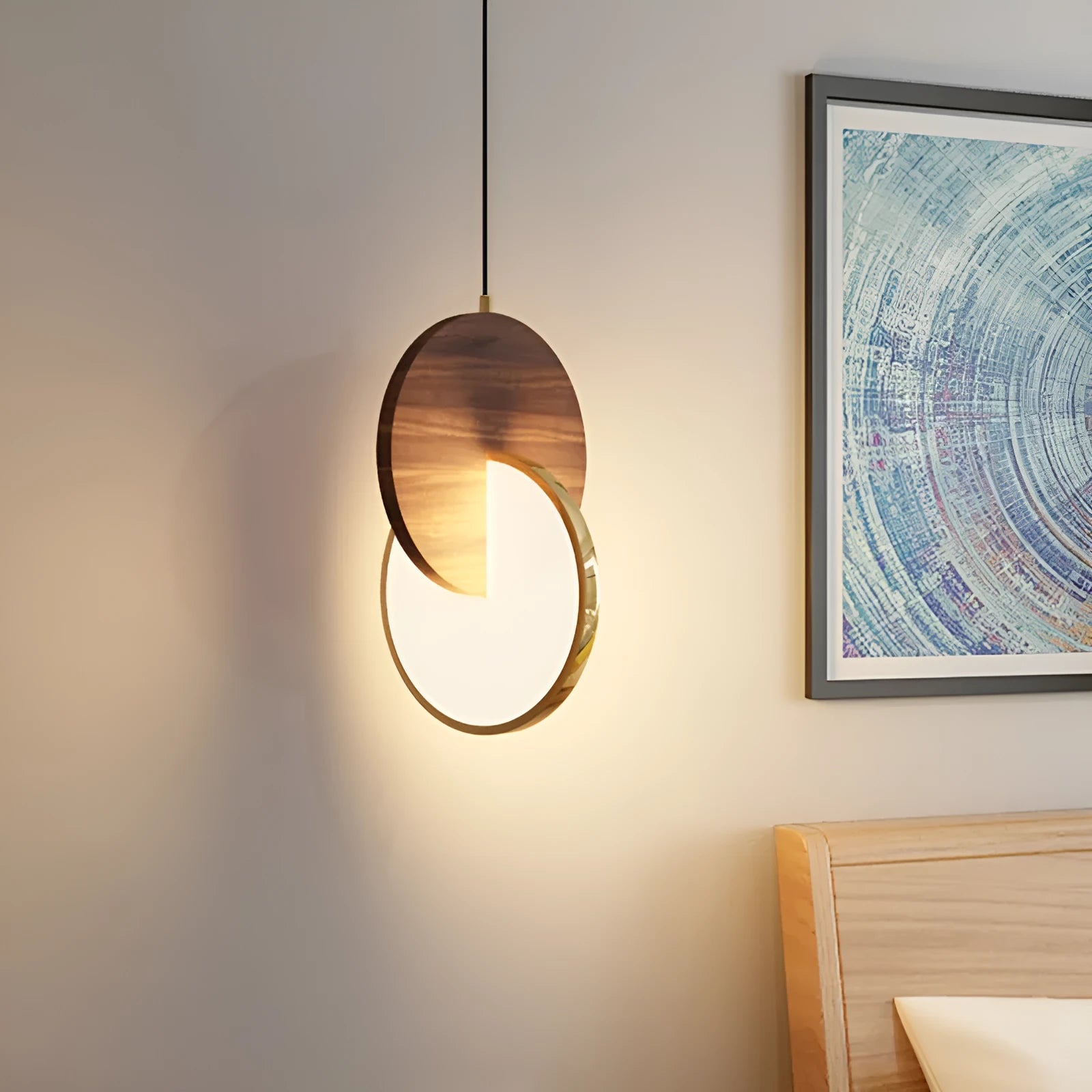 Long-line solid walnut wood wall chandelier with modern carved design for bedroom or study