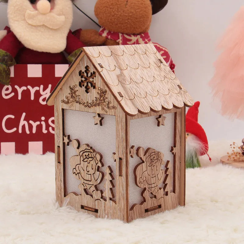 Three wooden Christmas decorations: a log bell, a Santa Claus house, and a snowman house on a festive background.