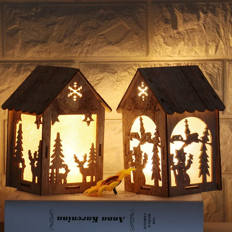 Three wooden Christmas decorations: a log bell, a Santa Claus house, and a snowman house on a festive background.