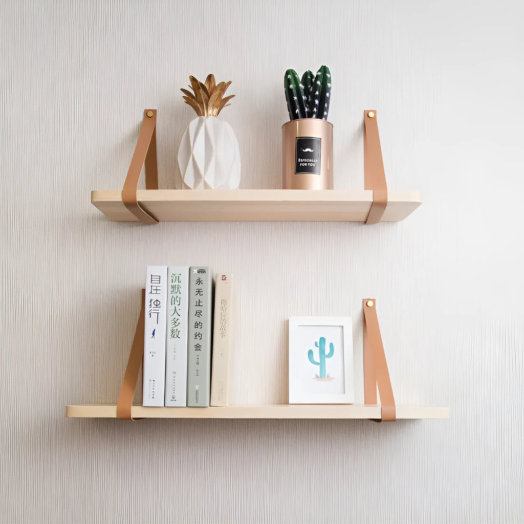 Pine wood wall-mounted storage shelf in a Nordic style, holding books and small items.
