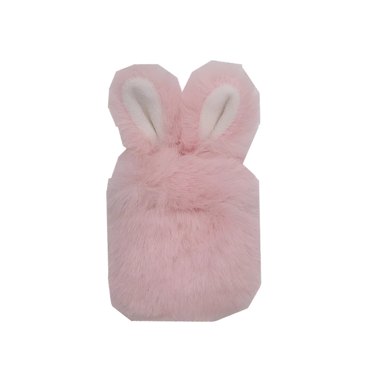 Pink silicone AirPods case cover with raised rabbit ears on a table.
