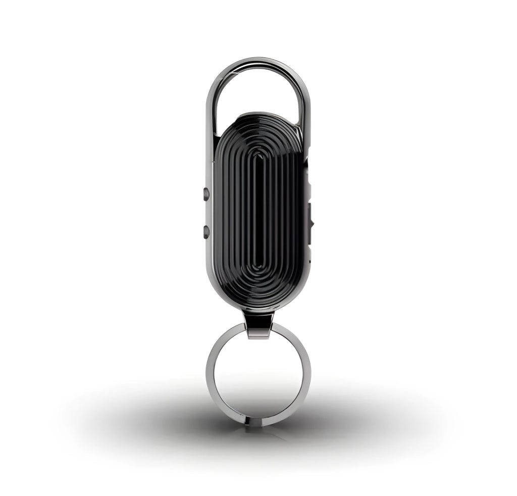 Black portable voice recorder with zinc alloy housing, featuring one‑key recording and file encryption