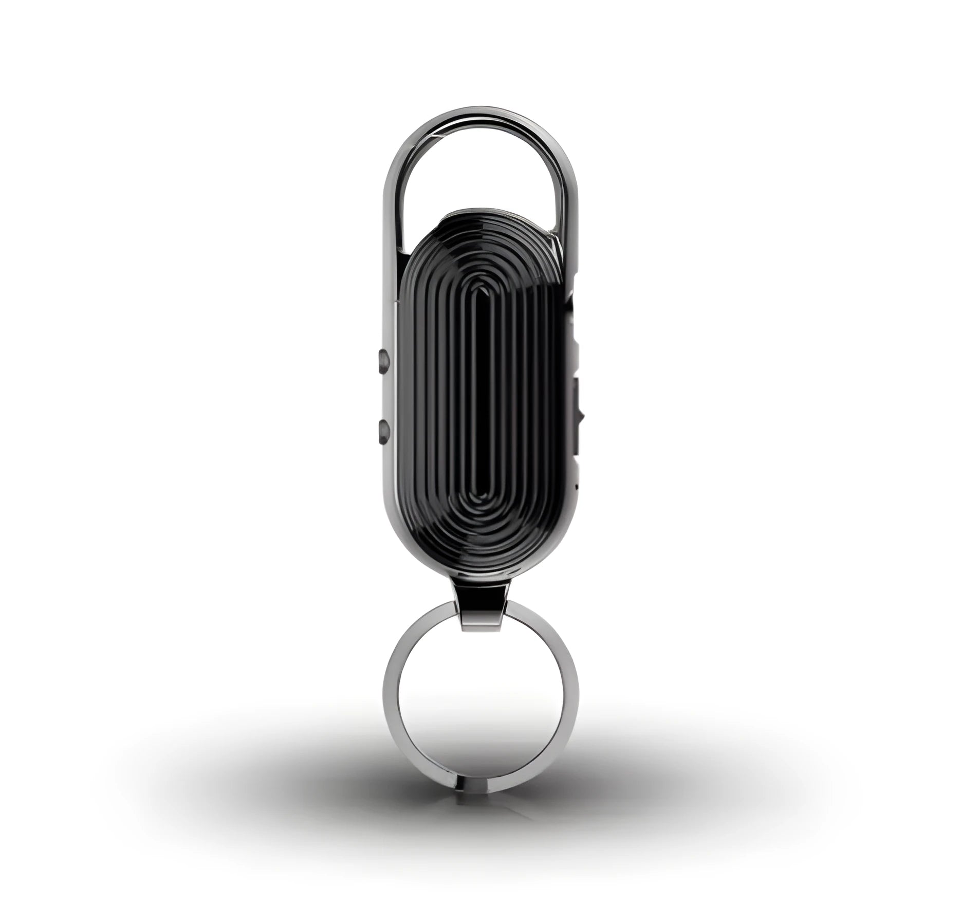 Black portable voice recorder with zinc alloy housing, featuring one‑key recording and file encryption