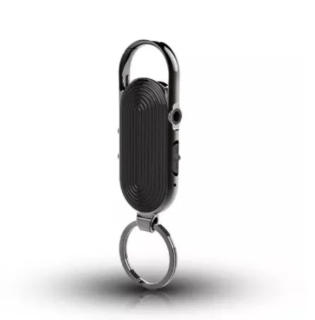 Black portable voice recorder with zinc alloy housing, featuring one‑key recording and file encryption