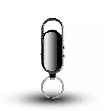 Black portable voice recorder with zinc alloy housing, featuring one‑key recording and file encryption