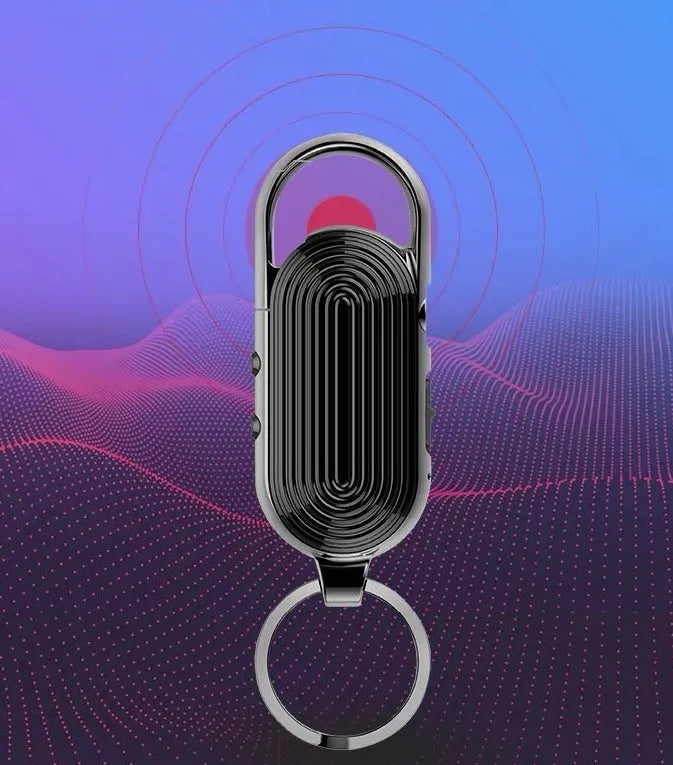 Black portable voice recorder with zinc alloy housing, featuring one‑key recording and file encryption