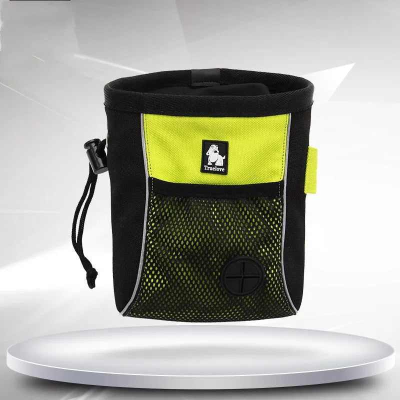 Green or orange dog training waist bag made from Oxford cloth with a removable inner bag, shown in small and medium sizes