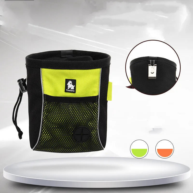 Green or orange dog training waist bag made from Oxford cloth with a removable inner bag, shown in small and medium sizes