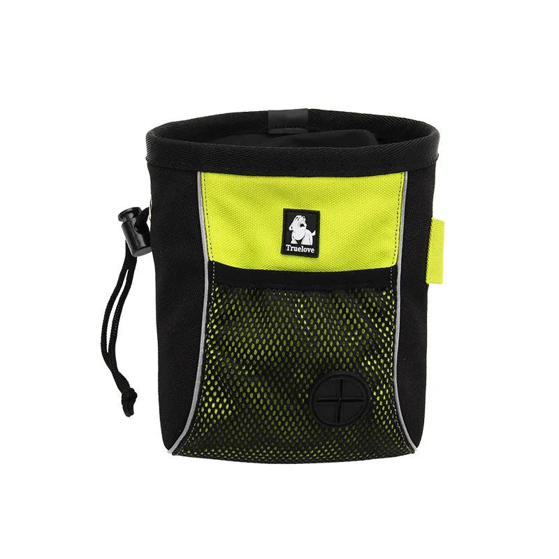 Green or orange dog training waist bag made from Oxford cloth with a removable inner bag, shown in small and medium sizes