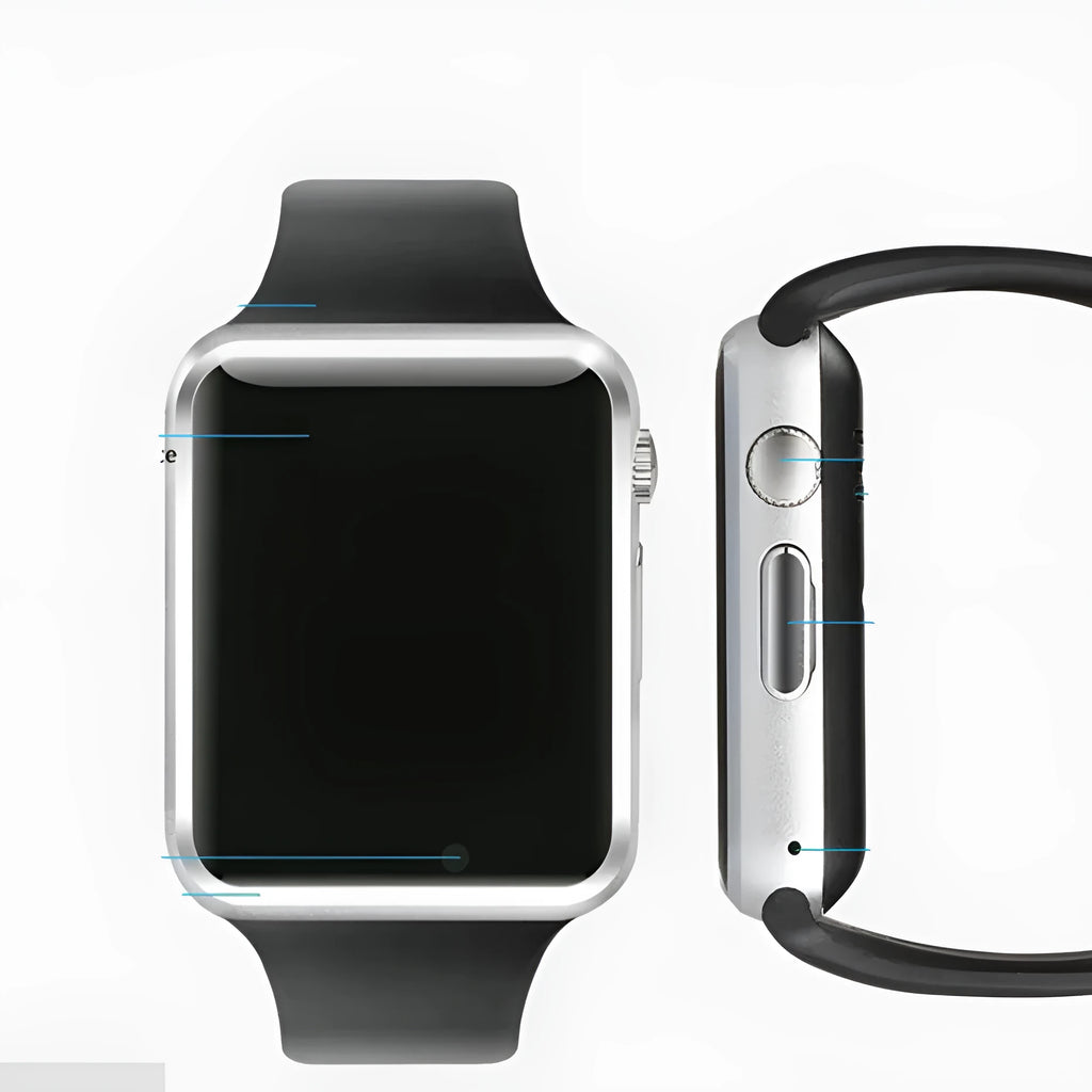Android smart watch with 1.54-inch screen showing interface, available in black, silver, white, gold, pink, red, green and blue colours.