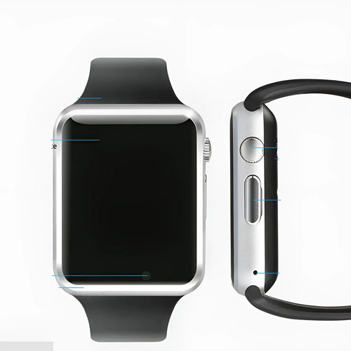 Android smart watch with 1.54-inch screen showing interface, available in black, silver, white, gold, pink, red, green and blue colours.