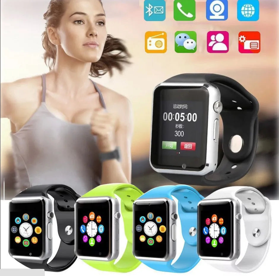 Android smart watch with 1.54-inch screen showing interface, available in black, silver, white, gold, pink, red, green and blue colours.