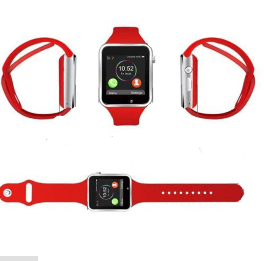 Android smart watch with 1.54-inch screen showing interface, available in black, silver, white, gold, pink, red, green and blue colours.
