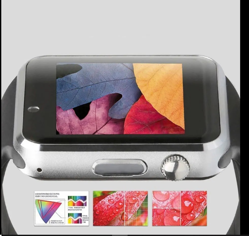 Android smart watch with 1.54-inch screen showing interface, available in black, silver, white, gold, pink, red, green and blue colours.