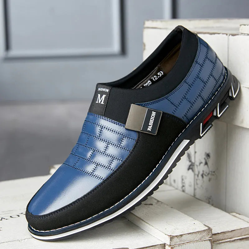 Large size men's casual leather shoes in blue, black, brown or white with low upper design