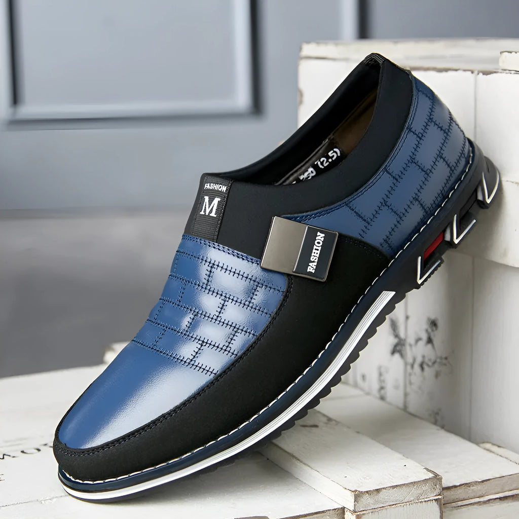 Large size men's casual leather shoes in blue, black, brown or white with low upper design