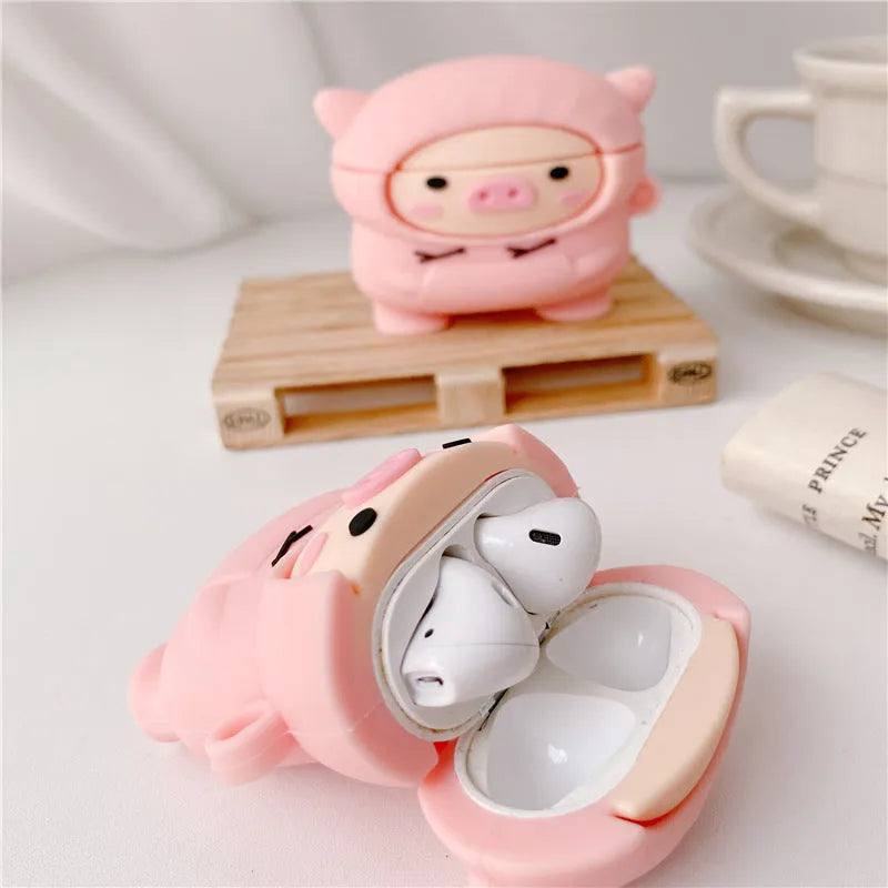 Pink silicone flip case for AirPods 1 2 Pro with cartoon pig design and metal hook