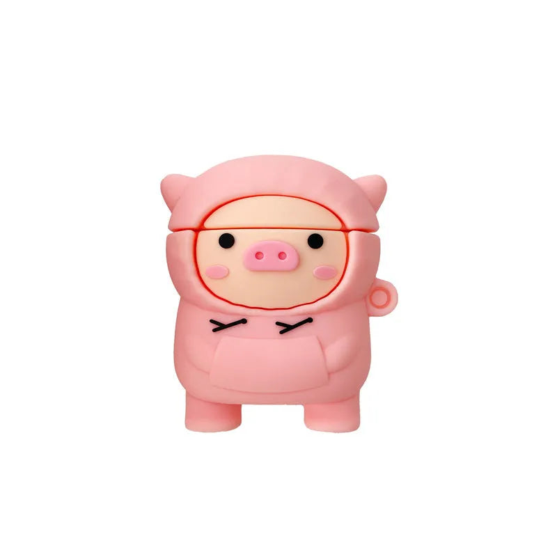 Pink silicone flip case for AirPods 1 2 Pro with cartoon pig design and metal hook