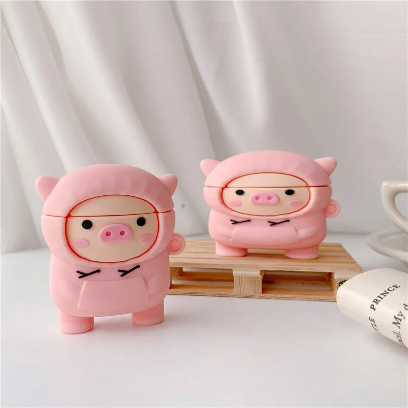 Pink silicone flip case for AirPods 1 2 Pro with cartoon pig design and metal hook