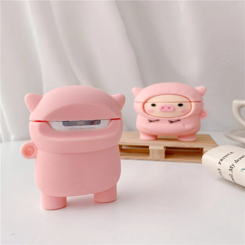 Pink silicone flip case for AirPods 1 2 Pro with cartoon pig design and metal hook