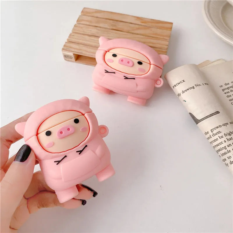 Pink silicone flip case for AirPods 1 2 Pro with cartoon pig design and metal hook