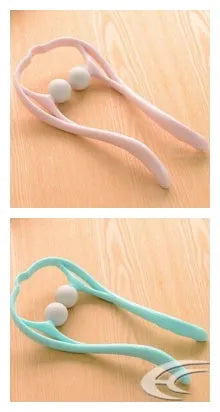 Blue plastic hand-held neck massager with adjustable rollers on a flexible stand.