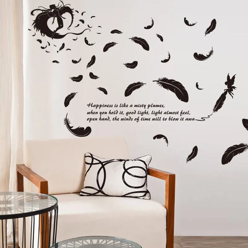 Black feather angel three generations design removable vinyl wall sticker, 50cm by 70cm.