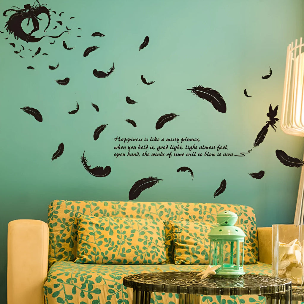 Black feather angel three generations design removable vinyl wall sticker, 50cm by 70cm.