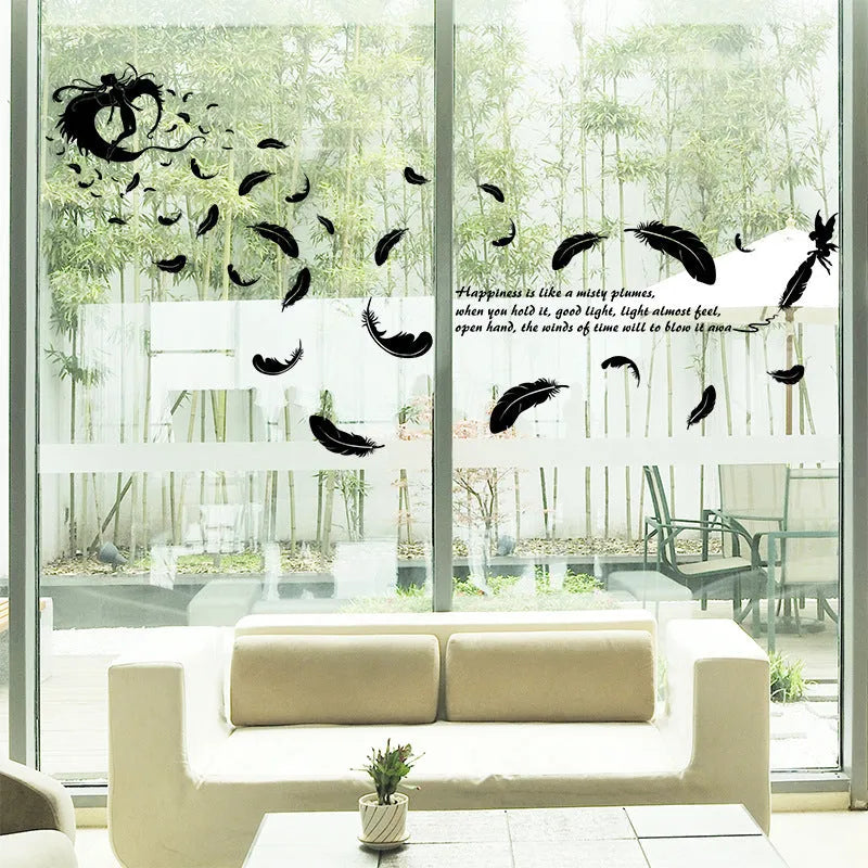 Black feather angel three generations design removable vinyl wall sticker, 50cm by 70cm.