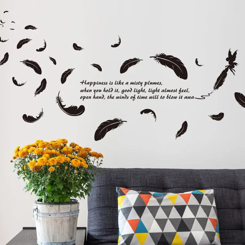 Black feather angel three generations design removable vinyl wall sticker, 50cm by 70cm.