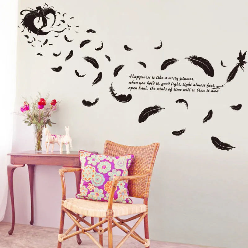 Black feather angel three generations design removable vinyl wall sticker, 50cm by 70cm.