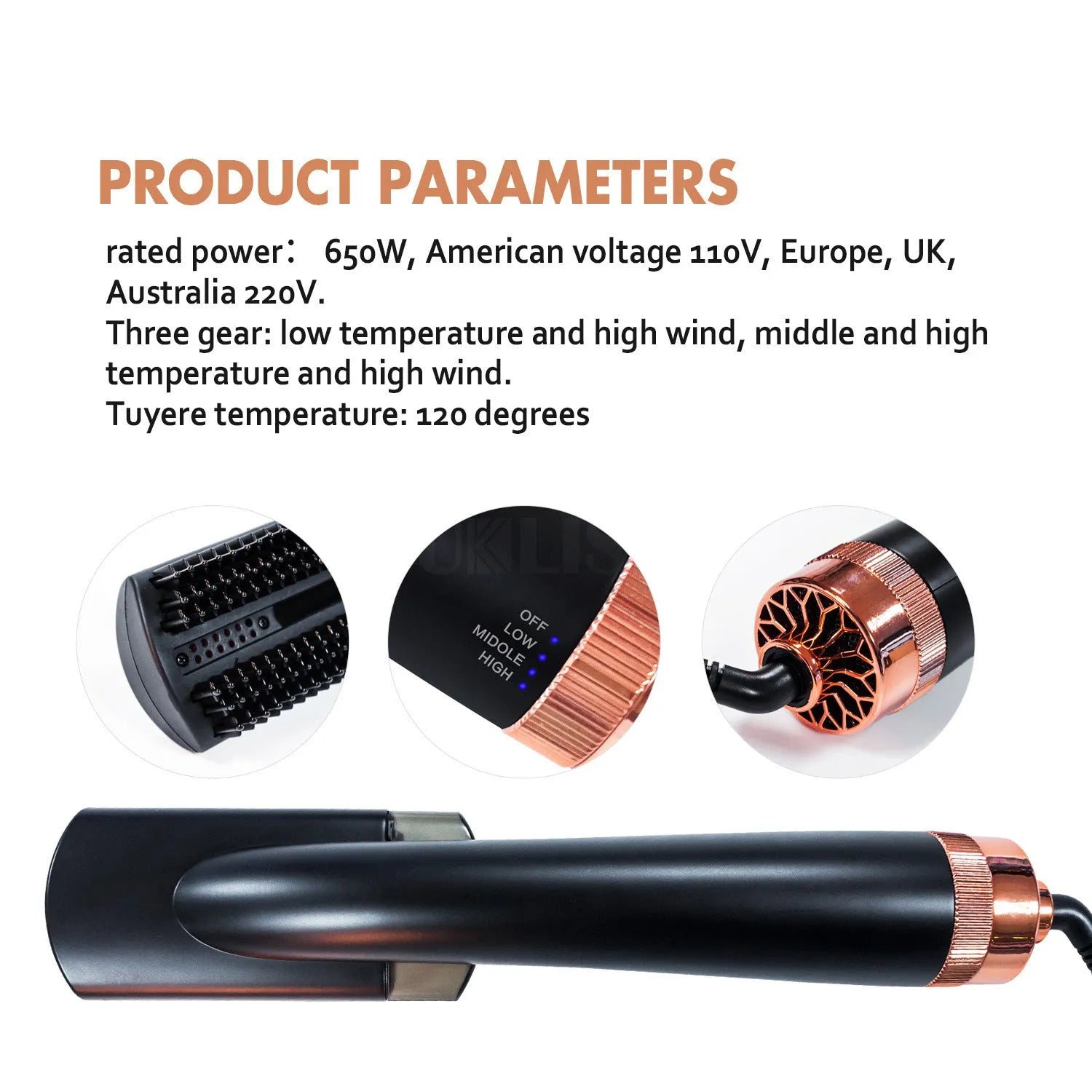 Black and pink infrared hot air comb with tourmaline ceramic heating and temperature control
