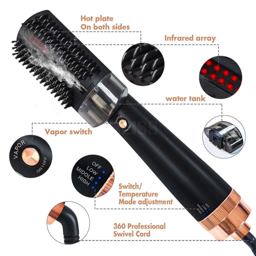 Black and pink infrared hot air comb with tourmaline ceramic heating and temperature control