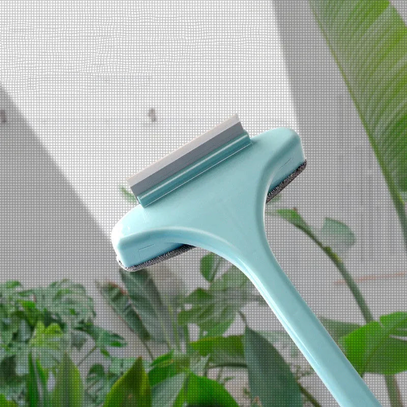 Window cleaning brush with magnetic microfiber pad and crevice tool alongside triangular glass scraper with 92cm handle