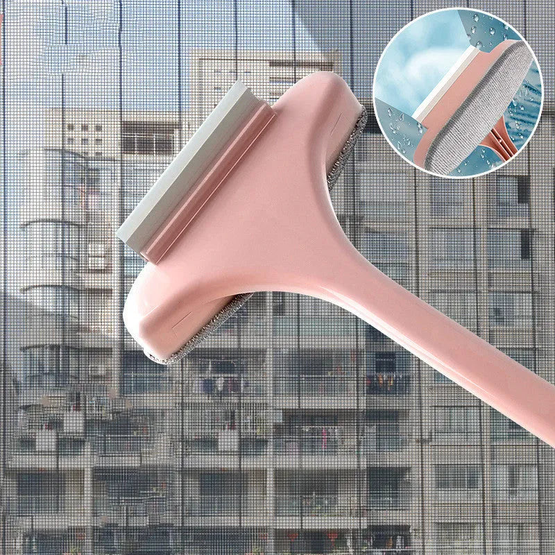 Window cleaning brush with magnetic microfiber pad and crevice tool alongside triangular glass scraper with 92cm handle