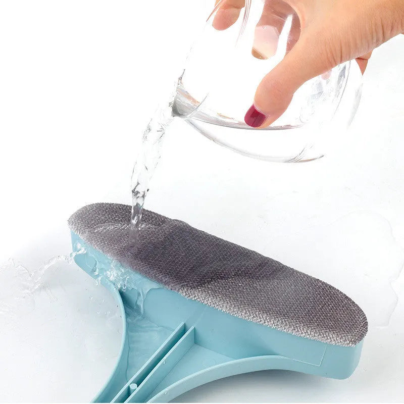 Window cleaning brush with magnetic microfiber pad and crevice tool alongside triangular glass scraper with 92cm handle