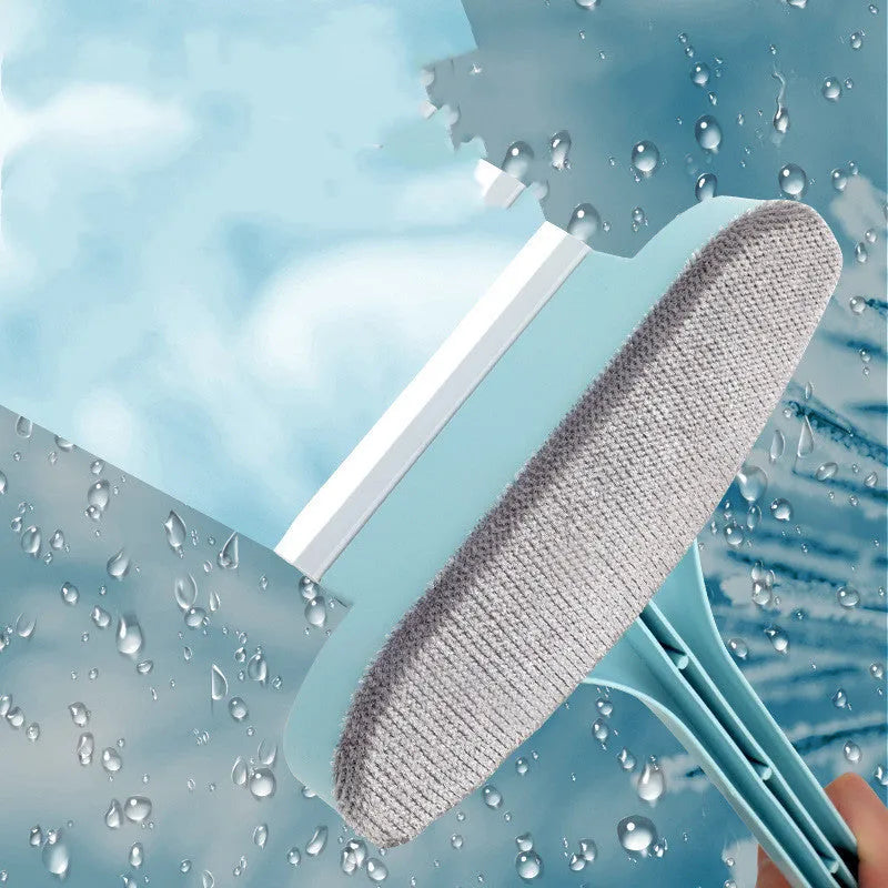 Window cleaning brush with magnetic microfiber pad and crevice tool alongside triangular glass scraper with 92cm handle