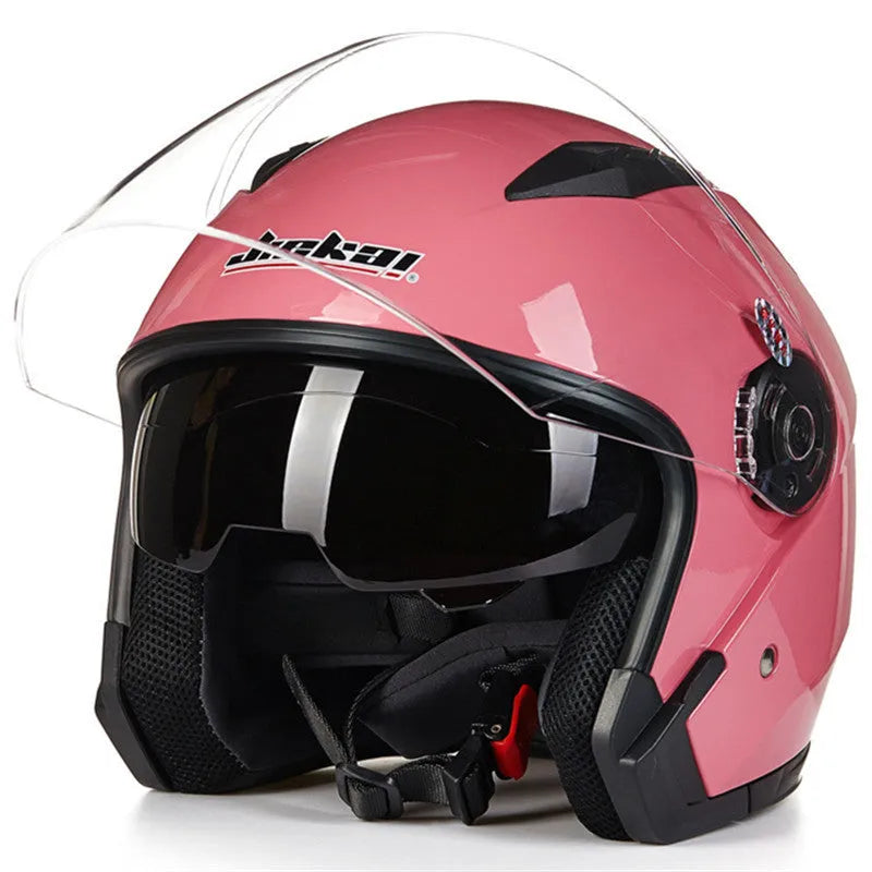 Open face jet style motorcycle helmet in bright black finish with chin strap, side profile view.