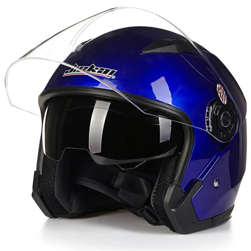 Open face jet style motorcycle helmet in bright black finish with chin strap, side profile view.