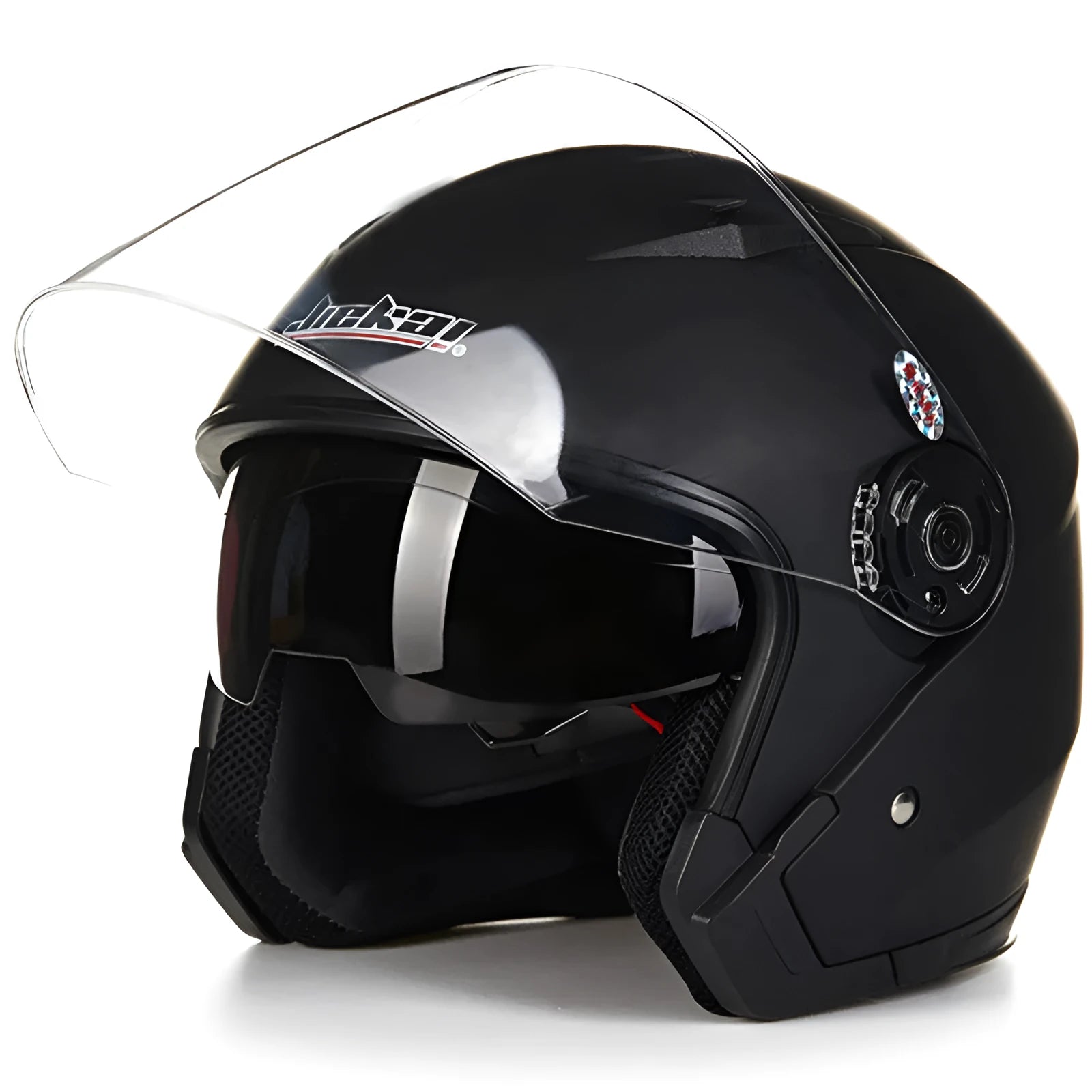 Open face jet style motorcycle helmet in bright black finish with chin strap, side profile view.