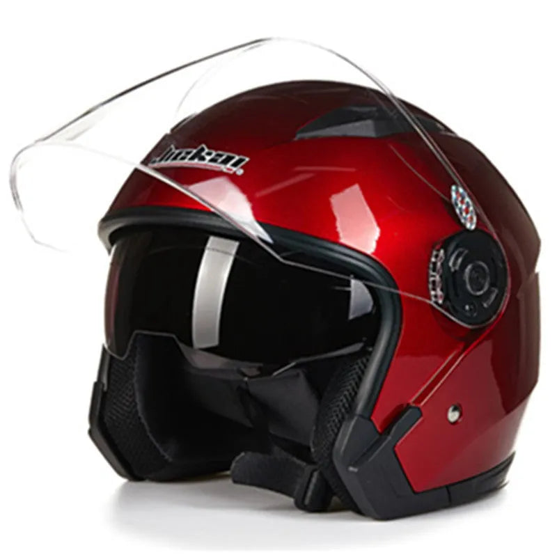 Open face jet style motorcycle helmet in bright black finish with chin strap, side profile view.