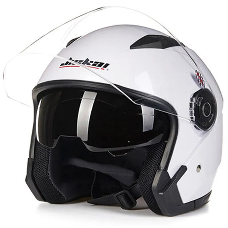 Open face jet style motorcycle helmet in bright black finish with chin strap, side profile view.