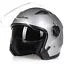 Open face jet style motorcycle helmet in bright black finish with chin strap, side profile view.