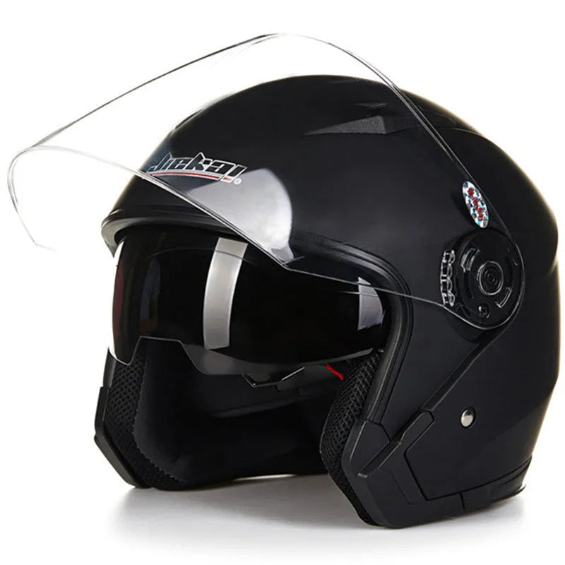 Open face jet style motorcycle helmet in bright black finish with chin strap, side profile view.