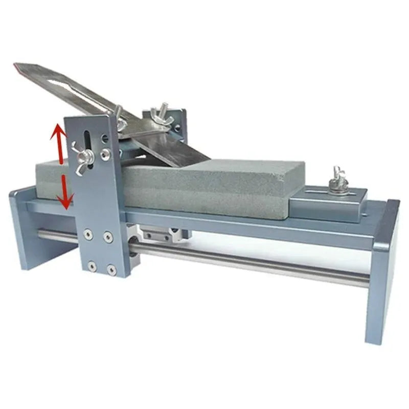 Aluminium alloy fixed angle sharpening tool for woodworking chisels and planers on a workshop bench.