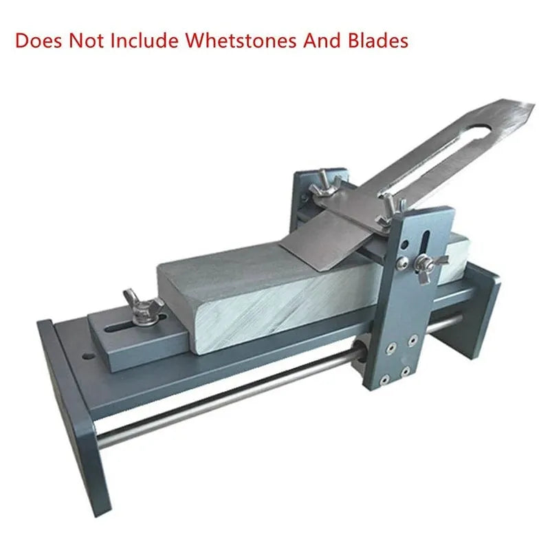 Aluminium alloy fixed angle sharpening tool for woodworking chisels and planers on a workshop bench.