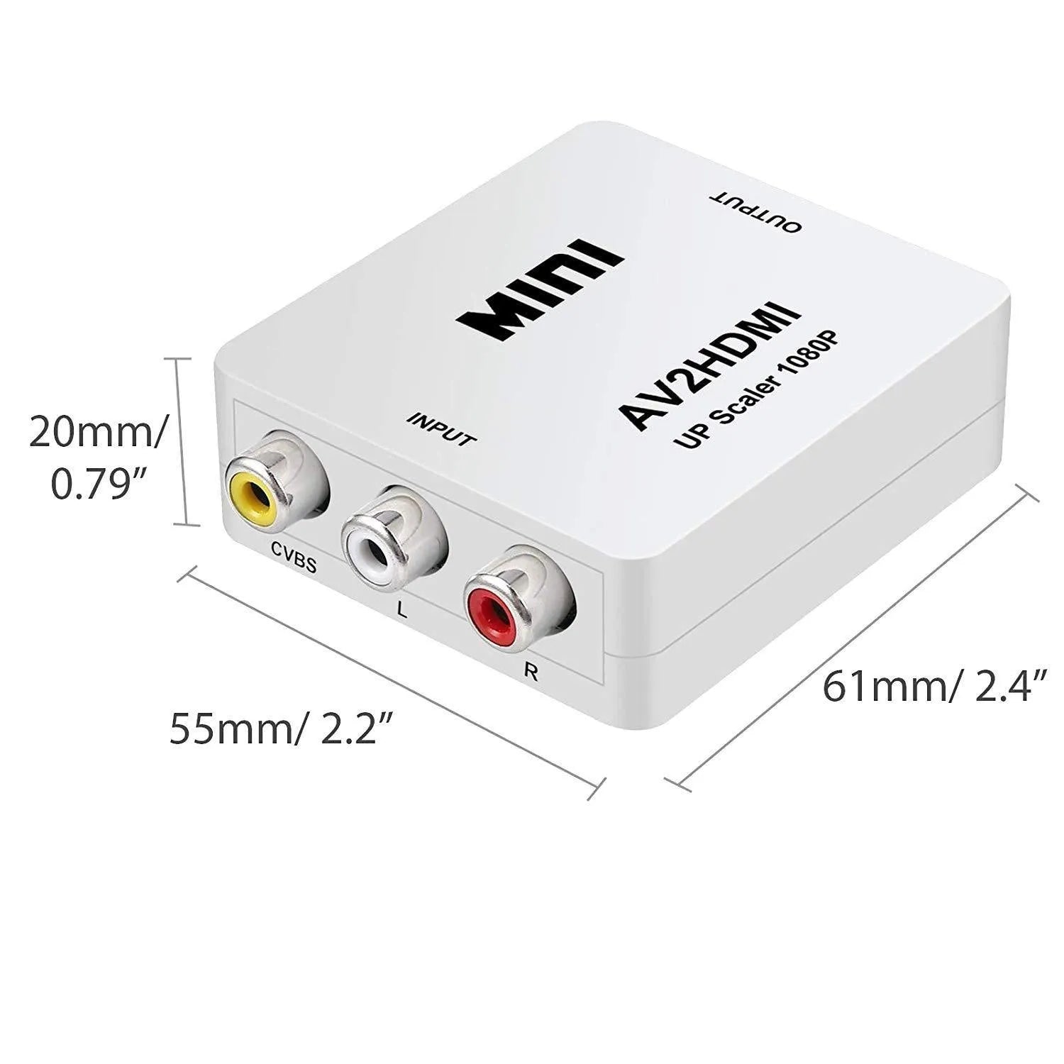 Black and white AV to HDMI mini converter with 0.5 metre cable for 1080P TV connections
