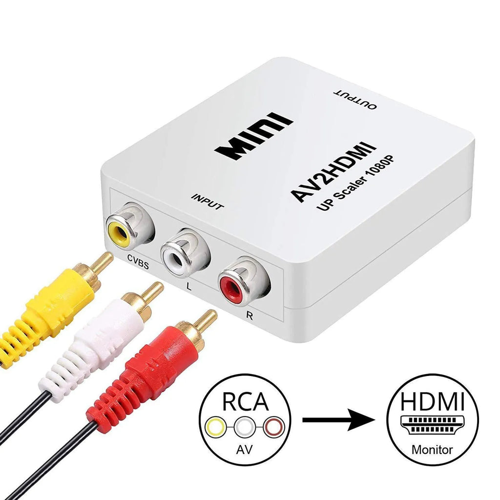 Black and white AV to HDMI mini converter with 0.5 metre cable for 1080P TV connections