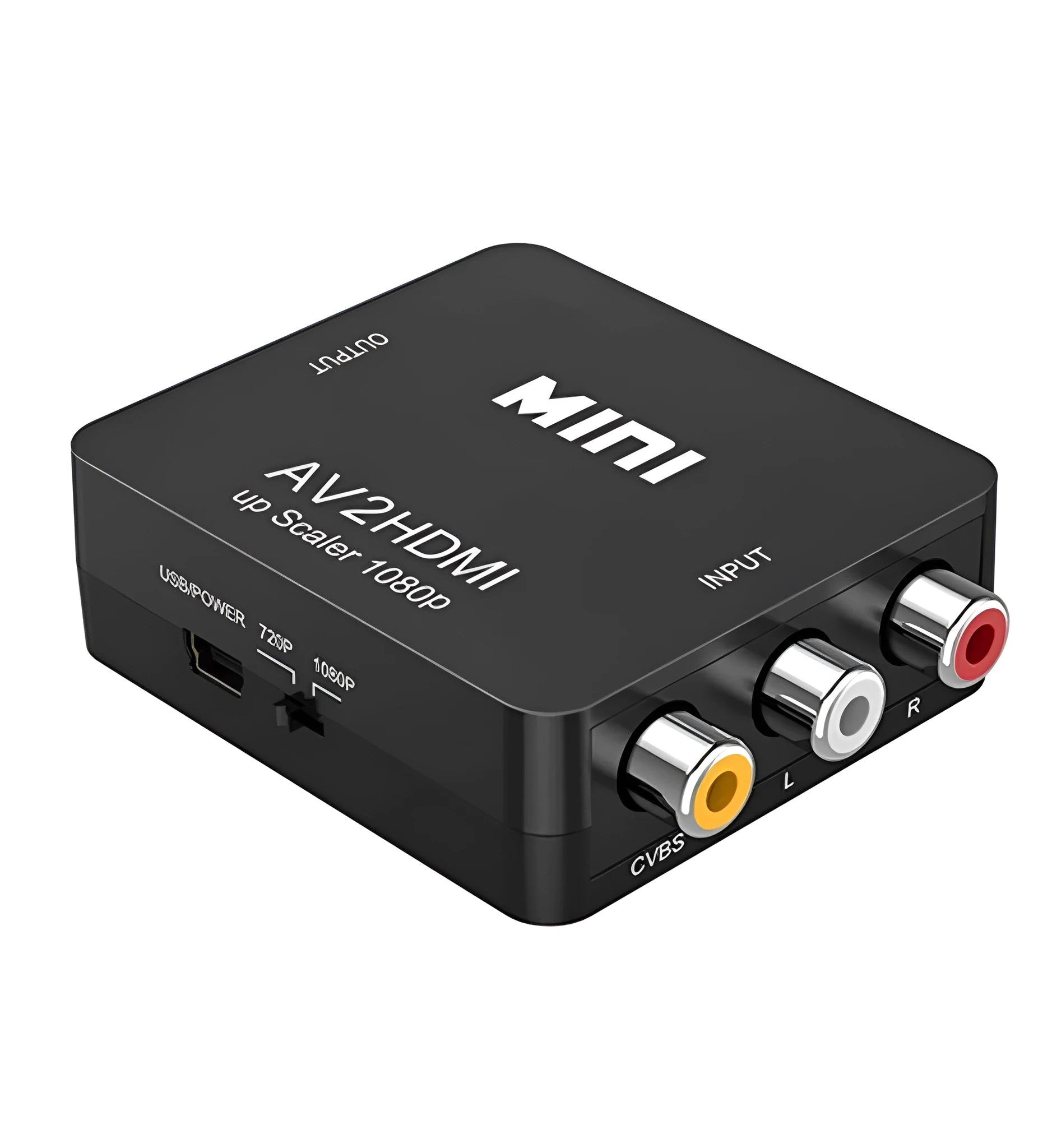 Black and white AV to HDMI mini converter with 0.5 metre cable for 1080P TV connections